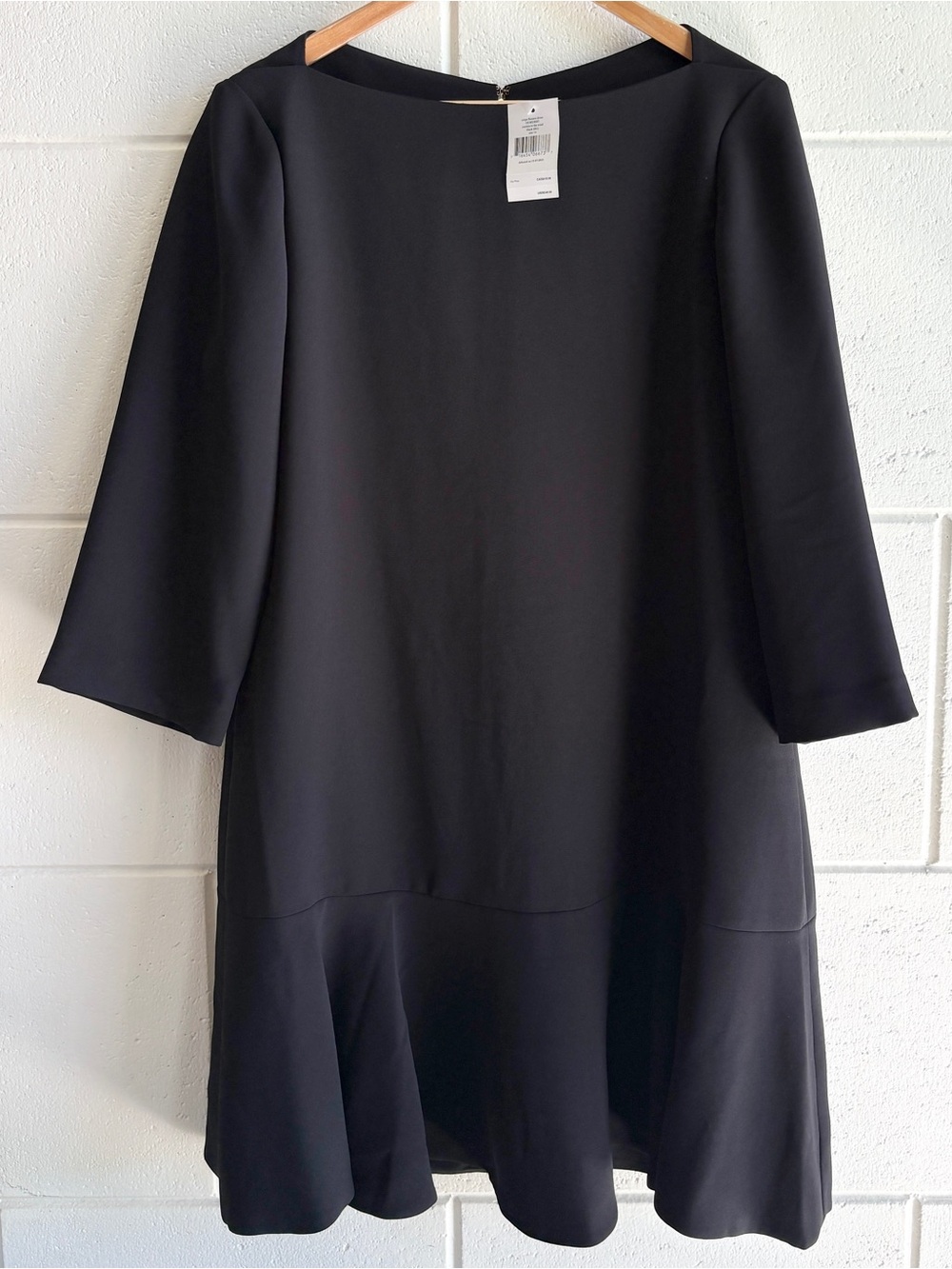 Kate Spade Black Womens Boatneck Shift Dress Size 14 Ruffle Hem 3/4 Sleeves NWT